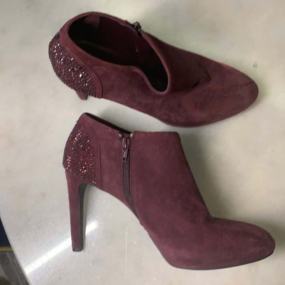 Antonio Melani maroon encrusted heel ankle bootie